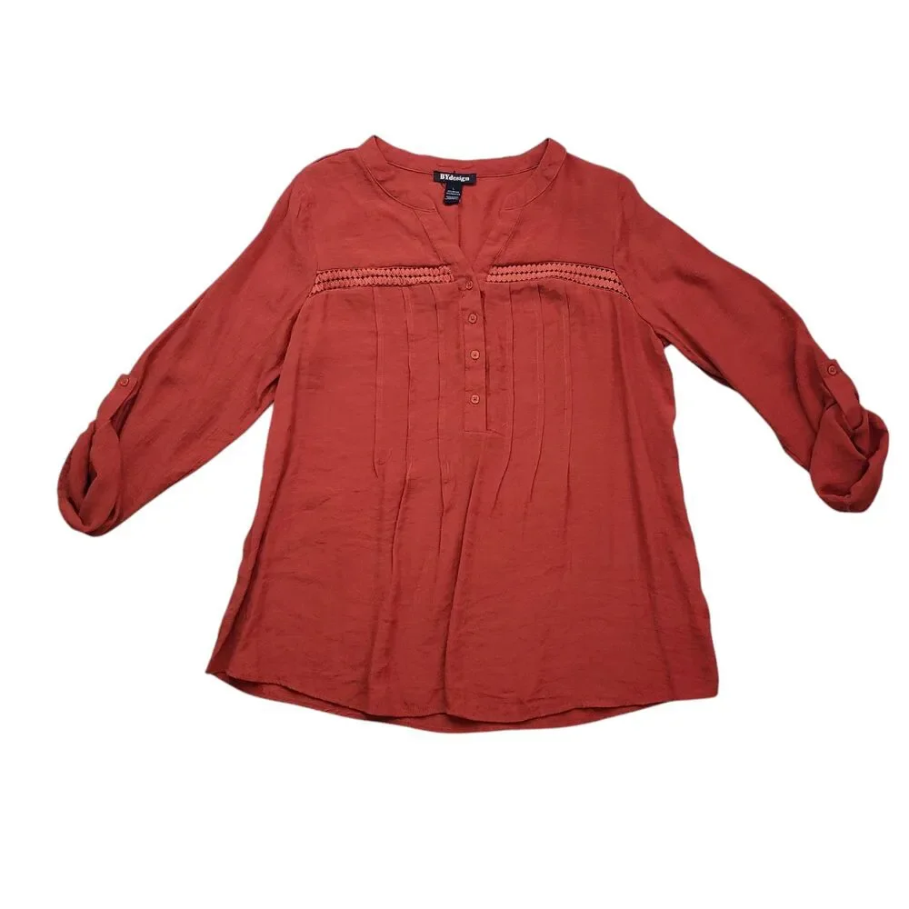 BYdesign Tunic Top Womens Large Orange Crochet Tab Sleeve Button Front Boho - Picture 9 of 13